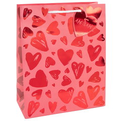 Пакет подарочный M горизонтальный, Множество сердец, Металлик, 32*26*12 см (Д*В*Ш)