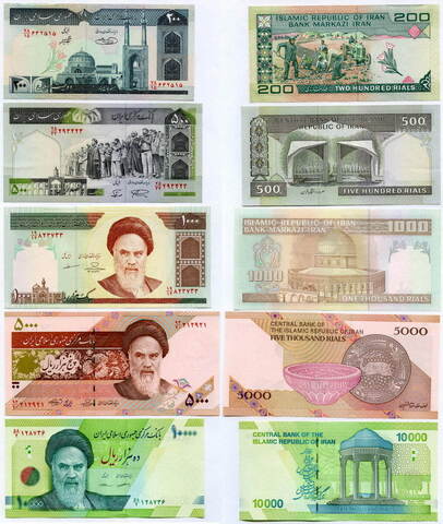 Банкноты Ирана 5 шт (200, 500, 1000, 5000 и 10000 риалов) 1982-2017 г. UNC