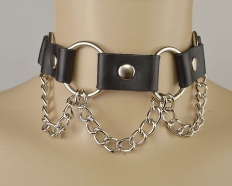 Черный кожаный ошейник с кольцами и цепочкой - Sitabella BDSM accessories 3409-1