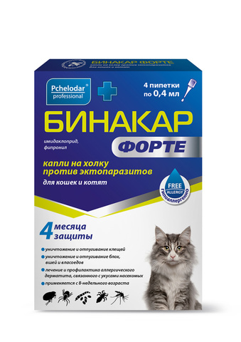 Pchelodar Бинакар Форте капли инсектоакарицидные для кошек и котят, 4пип. 0,4 мл