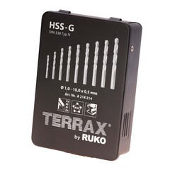 Набор сверл по металлу 1-10мм 19шт DIN338 HSS-G 118° (мет. кейс) Terrax by Ruko A214214