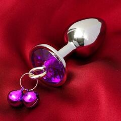 Серебристая анальная пробка с колокольчиками и фиолетовым кристаллом - 7 см. - 