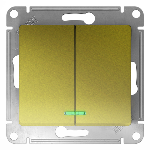 Выключатель двухклавишный с подсветкой, 10АХ. Цвет Фисташковый. Schneider Electric Glossa. GSL001053