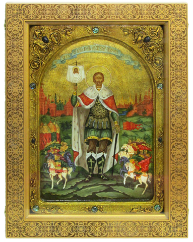 Живописная большая икона Святой благоверный князь Александр Невский 42х29см на кипарисе в березовом киоте