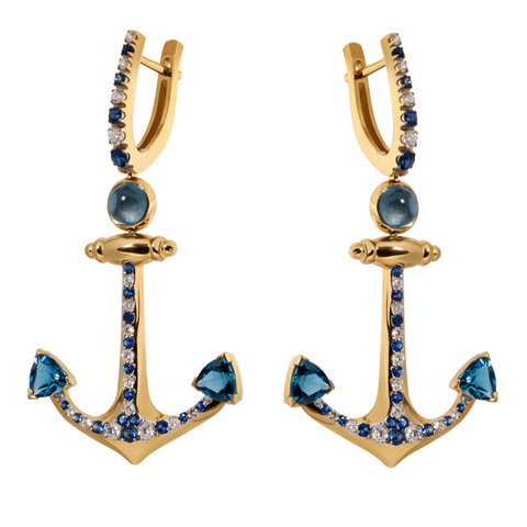 Серьги Якорь с Топазами, Сапфирами и Бриллиантами, E0296-0/1