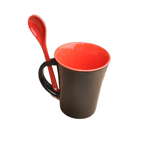 Керамическая кружка с ложкой, черно-красный, 350 мл