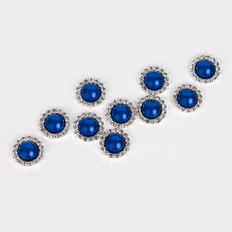 Кабошон - украшение со стразами и жемчужиной круглое, цвет синий жемчужный, 1,5 см, металлическое, 10 шт.