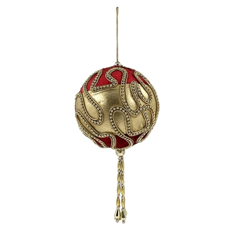 Шар с кисточкой из бусин 13см ChristmasDeLuxe premium collection красно-золотой