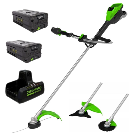 Триммер аккумуляторный Greenworks TB201H, Арт. 2112407U2B, 82V, 2,0 кВт, 46 см, c трехлопастным ножом и кусторезом, бесщеточный, с 2АКБ 5Ач и двойное ЗУ