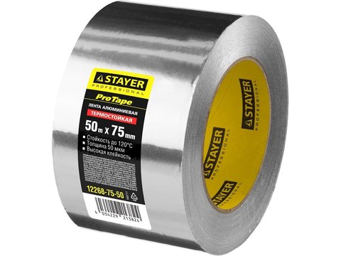 STAYER ProTape 75 мм х 50 м. до 120 °С, Алюминиевая лента самоклеящаяся, PROFESSIONAL (12268-75-50)