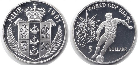5 долларов Футбол Чемпионат мира США 1994 г. КПД 1991 г. Ниуэ Proof
