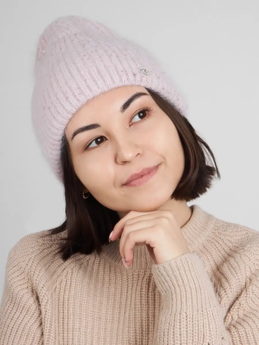 Шапка женская зимняя из ангоры вязаная шерстяная с отворотом двойная пудровая розовая с пайетками