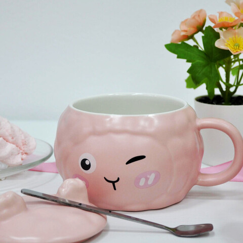 Керамическая кружка с крышкой и ложкой, розовый, 370 мл