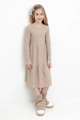 платье  для девочки  КР 5893/бежевый,гусиная лапка к509