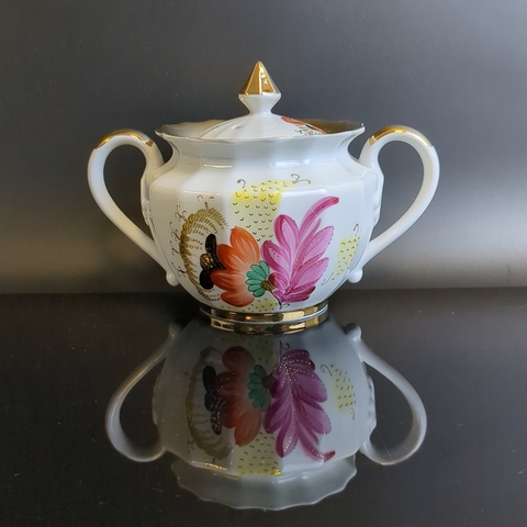 Сахарница фарфоровая "Пурпурный лист", фарфор, роспись, золочение, Вербилки, Дмитровский ФЗ, знак качества, 1965-1991 гг