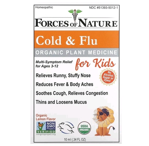 Forces of nature, Organic Plant Medicine, от простуды и гриппа, для детей от 3 до 12 лет, лимон, 10 мл (0,34 жидк. унц.)