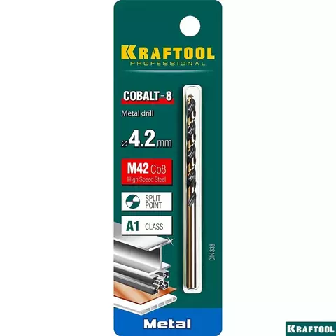 KRAFTOOL COBALT-8, 4.2 х 75 мм, сталь М42, HSS-Co(8%), сверло по металлу (29656-4.2)