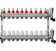 Коллекторная группа Grosseto с расходомерами 1"x¾" 10 выходов, нержавеющая сталь 10 бар универсальный кронштейн, автоматический воздухоотводчик