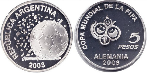 5 песо Чемпионат мира по футболу в Германии 2006 г. Аргентина. 2003 год. Proof