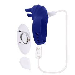Синее эрекционное виброкольцо с клиторальной подушечкой и пультом ДУ Adjustable Fun Ring - 