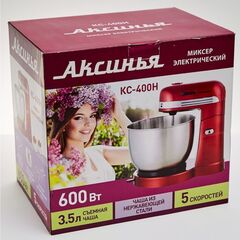 Миксер стационарный, Аксинья, КС-400Н, 3.5 л, 600 Вт, 5 скор, 4 насадки, красн