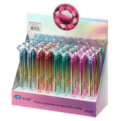 Ручка шариковая, масляная, автоматическая, Basir, синие чернила, серия "Кристалл", с поворотным механизмом и бриллиантиком, 36 шт