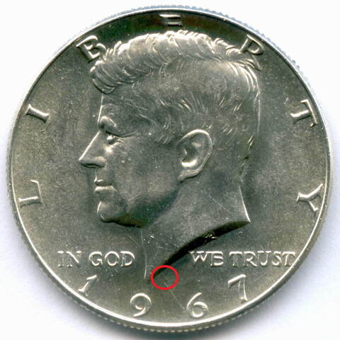 1/2 доллара 1967 год. США. Джон Кеннеди. Серебро, диаметр 30.6 мм AUNC