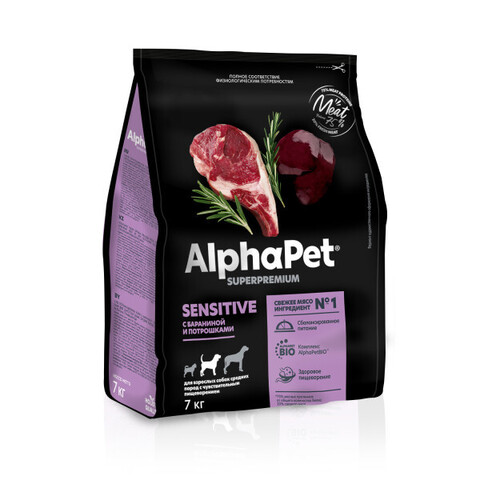 ALPHAPET сухой корм для взрослых собак средних пород с чувствит пищеварением (баранина, потрошки)7кг