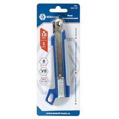 Нож технический КОБАЛЬТ лезвие 18 мм, двухкомпонентный корпус, металлическая направляющая, автостоп, блистер (242-137)