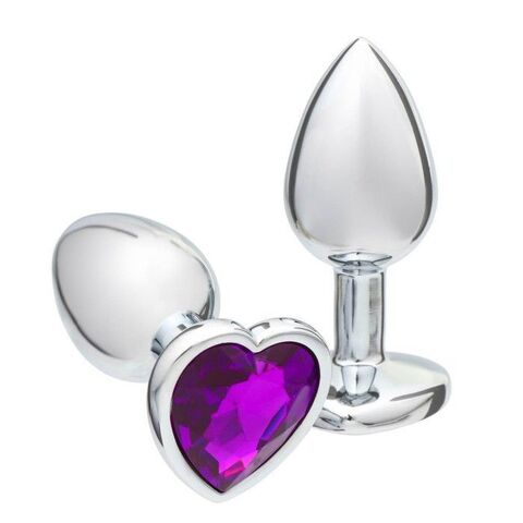 Серебристая анальная пробка с фиолетовым кристаллом в форме сердца - 7 см. - Сима-Ленд Оки-Чпоки 5215673