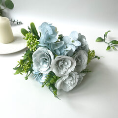 Розы искусственные с гортензией и травяной добавкой, Голубые, 27 см, 1 букет
