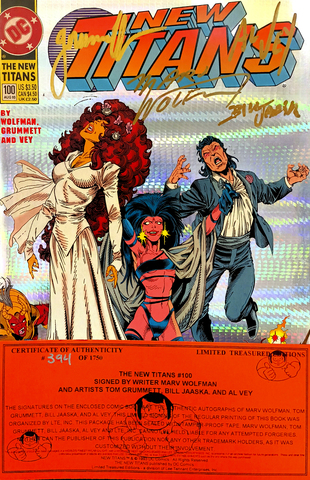New Titans #100 (Foil Cover A) (с автографами Marv Wolfman, Tom Grummett, Bill Jaaska, Al Vey)