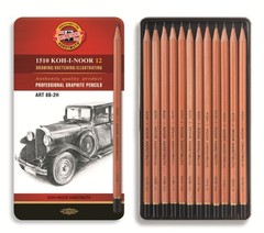 Набор чернографитных карандашей с неокрашенным корпусом 1512 8B-2H, 12шт, металл.коробка