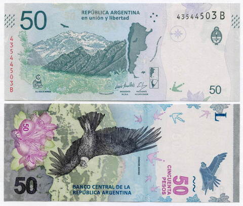 Банкнота Аргентина 50 песо 2018 год 43544503 B (Андский кондор). UNC