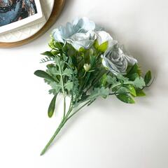 Розы искусственные с гортензией и травяной добавкой, Голубые, 27 см, 1 букет