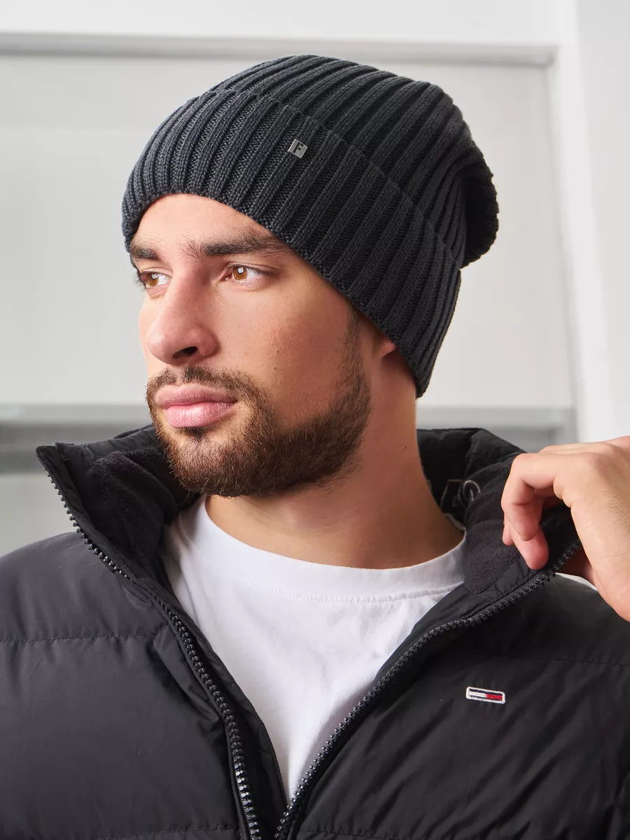 Шапка зимняя на флисе вязаная бини