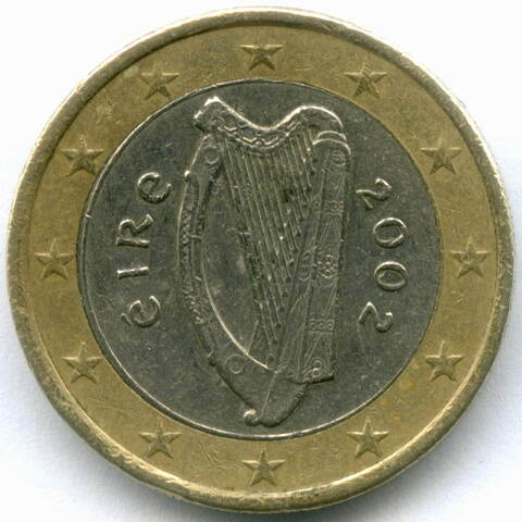 1 евро 2002 год. Ирландия. Регулярный выпуск. Тип 1. Биметалл VF