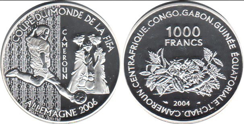 1000 франков Чемпионат мира по футболу Германия 2006 г.Камерун.  2004 год. Proof