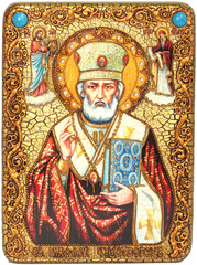 Инкрустированная икона Святитель Николай, архиепископ Мир Ликийский (Мирликийский) 29x21см на натуральном дереве в подарочной коробке