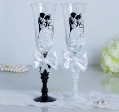 Набор свадебных бокалов «Жених и невеста», с бантами, чёрно-белый, фото 1