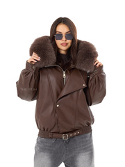 Шоколадный пуховик из эко-кожи с капюшоном