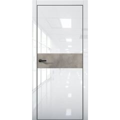 Купить Межкомнатная дверь глянец Pt 5 Платина crystall white алюминиевая кромка Al Black Edition вставка бетон loft