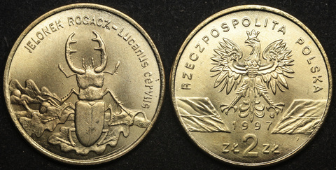 Жетон 2 злотых 1997 года Польша Всемирная природа - Жук-олень (рогач) копия монеты Копия