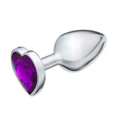 Серебристая анальная пробка с фиолетовым кристаллом в форме сердца - 7 см. - 