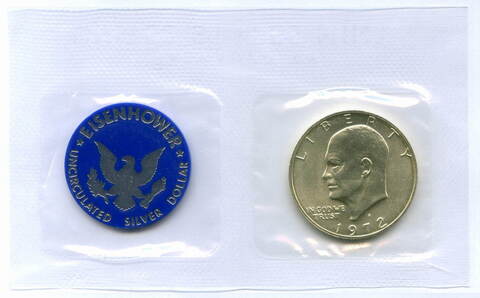 1 доллар 1972 год (S). США. Эйзенхауэр. Серебро, диаметр 38.1 мм. UNC с жетоном в родной запайке