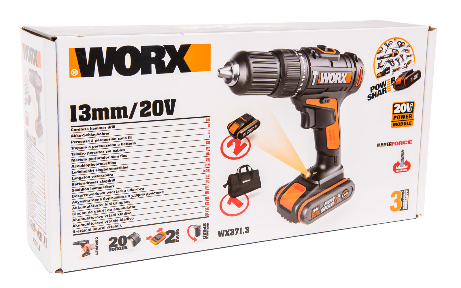 Дрель-шуруповерт ударная аккумуляторная WORX WX371.3, 20В, 40Нм, 1.5Ач x2, сумка