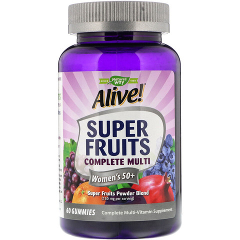 Nature's Way, Alive! Super Fruits Complete Multi, комплекс витаминов для женщин старше 50 лет, гранат и ягоды, 60 жевательных таблеток