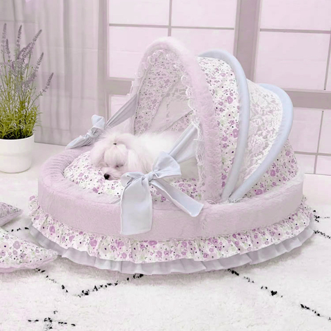 2051 Люлька сиреневая с кружевным верхом и периной в сиреневый цветок PREMIUM (чехлы съёмные)