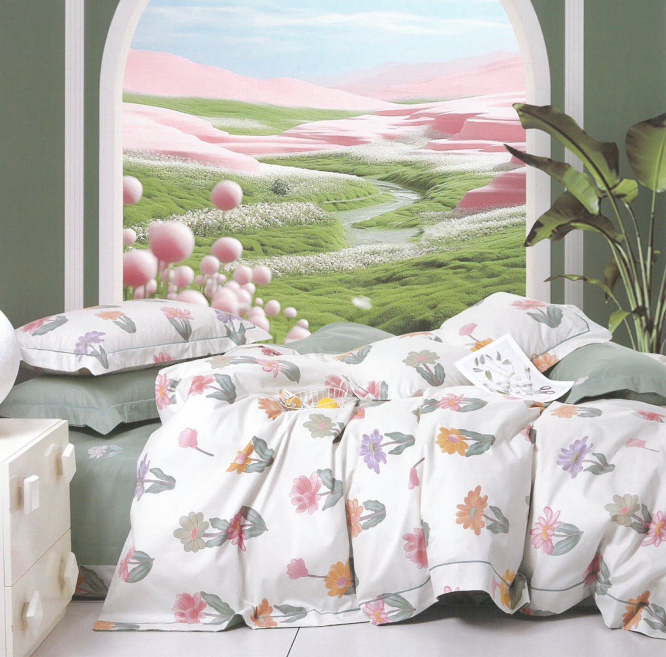 Комплект Семейный (2 пододеяльника) 100% Хлопок Сатин  Светло Крем Цветы