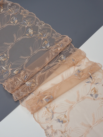 Кружево вышивка на сетке пион с голубым и охрой неэластичная ширина 25 см